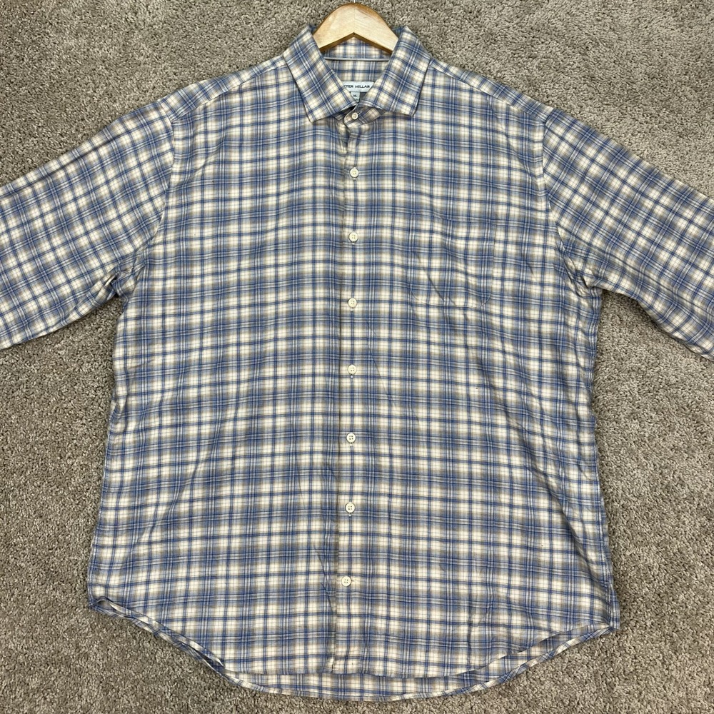 Peter Millar Shirt Mens XL Blue Cream Long Sleeve Plaid Button Down Classic EUC - Picture 2 of 9